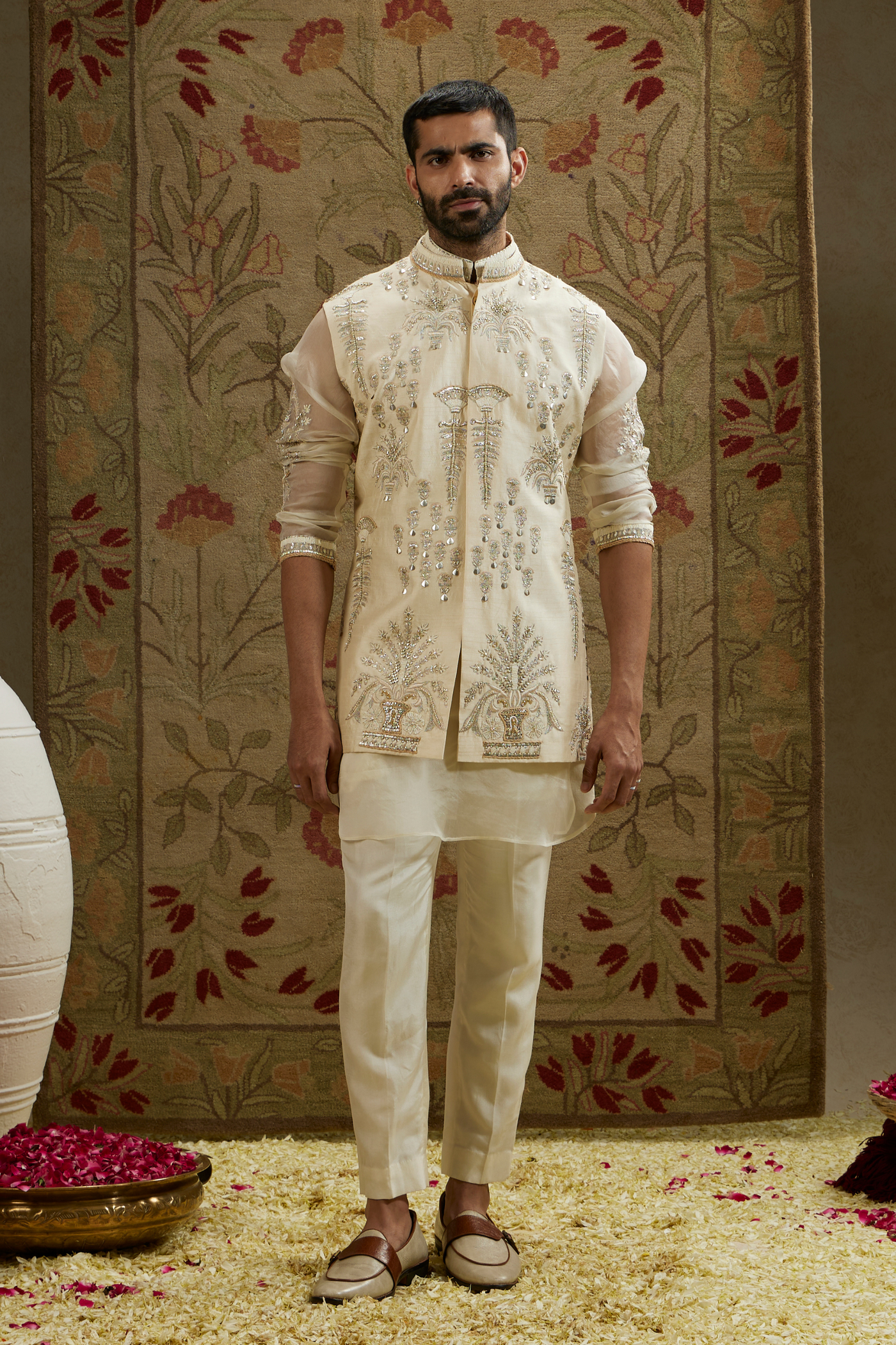 SVA Menswear Magnolia Embellished Bundi Online Shopping Melange Singapore Indian Designer Wear