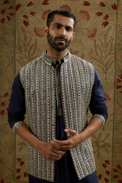 SVA Menswear Midnight Blue Border Embellished Bundi Online Shopping Melange Singapore Indian Designer Wear