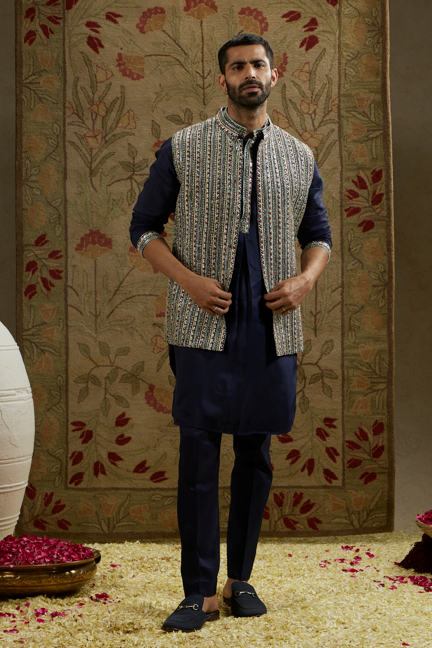 SVA Menswear Midnight Blue Kurta Patti Embellished Kurta and Pants Online Shopping Melange Singapore Indian Designer Wear