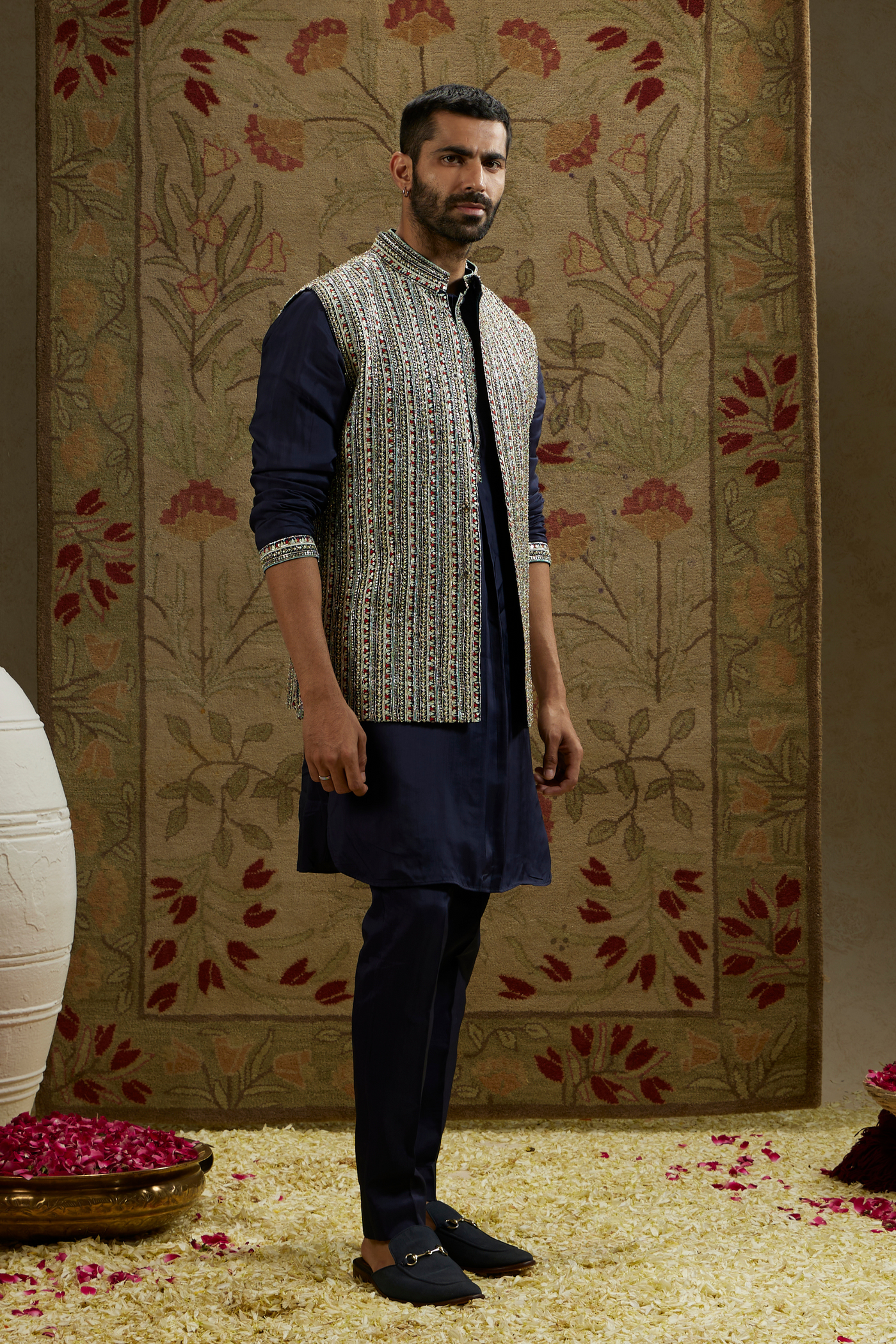 SVA Menswear Midnight Blue Border Embellished Bundi Online Shopping Melange Singapore Indian Designer Wear