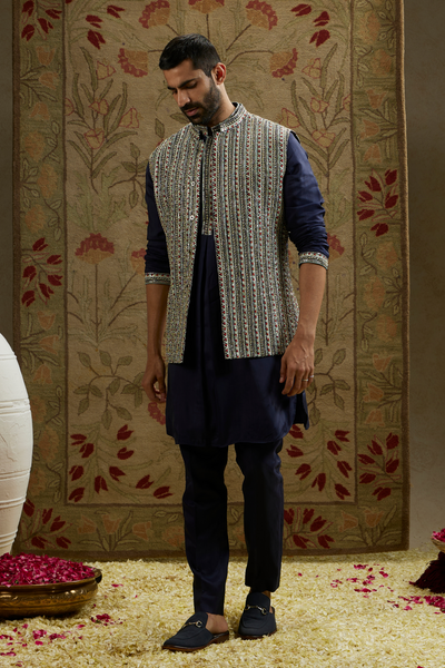 SVA Menswear Midnight Blue Border Embellished Bundi Online Shopping Melange Singapore Indian Designer Wear