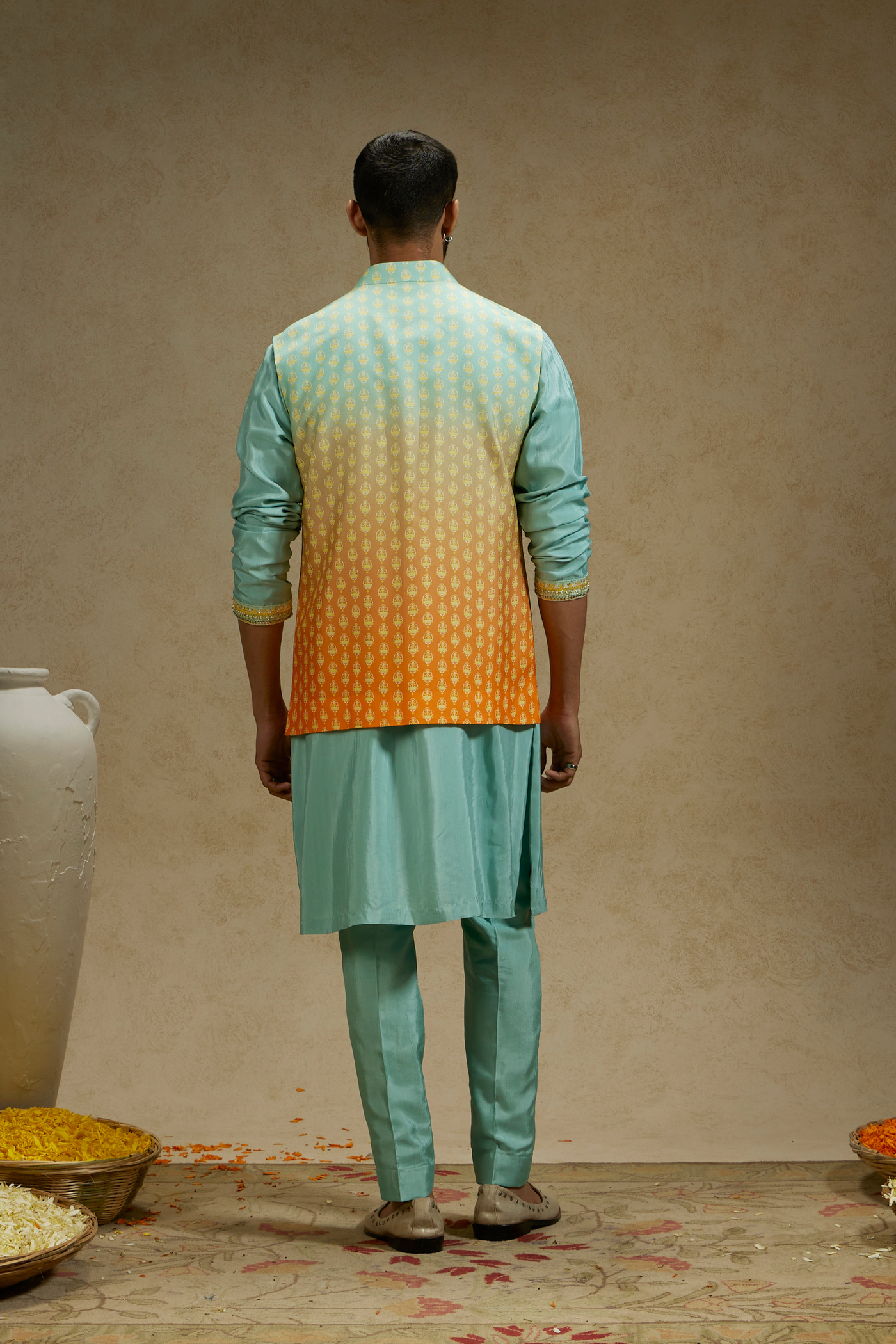 SVA Menswear Orange Blue Ombre Butti Printed Bundi Indian Designer Wear Online Shopping Melange Singapore