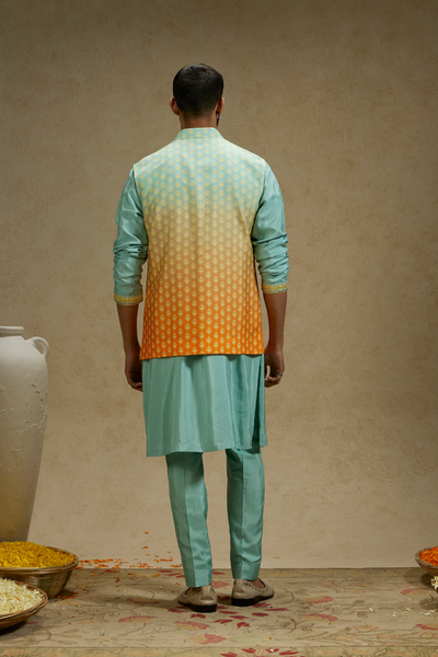 SVA Menswear Orange Blue Ombre Butti Printed Bundi Indian Designer Wear Online Shopping Melange Singapore