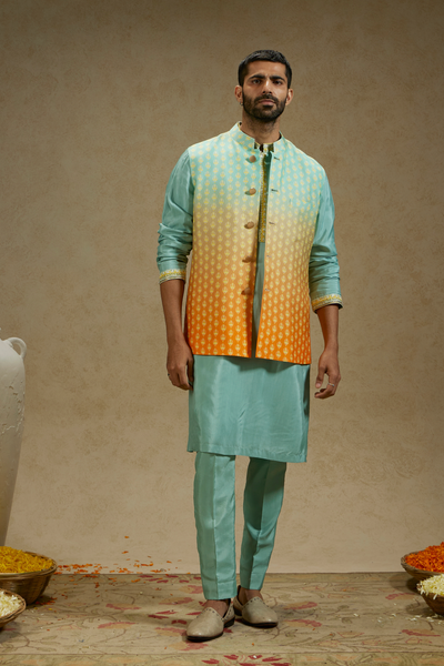 SVA Menswear Orange Blue Ombre Butti Printed Bundi Indian Designer Wear Online Shopping Melange Singapore