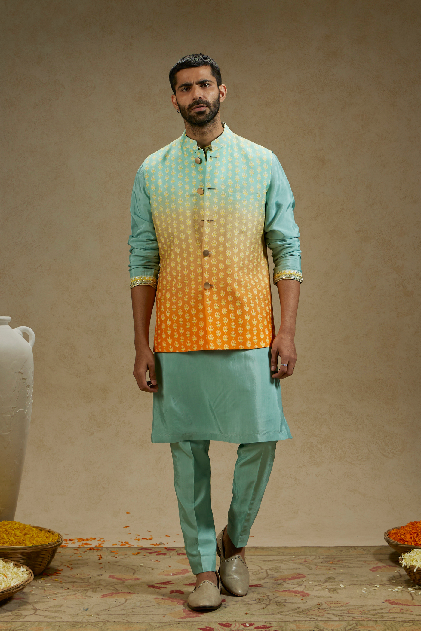 SVA Menswear Orange Blue Ombre Butti Printed Bundi Indian Designer Wear Online Shopping Melange Singapore