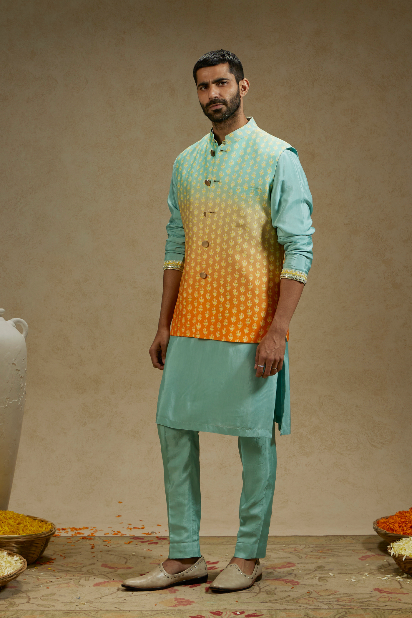 SVA Menswear Orange Blue Ombre Butti Printed Bundi Indian Designer Wear Online Shopping Melange Singapore