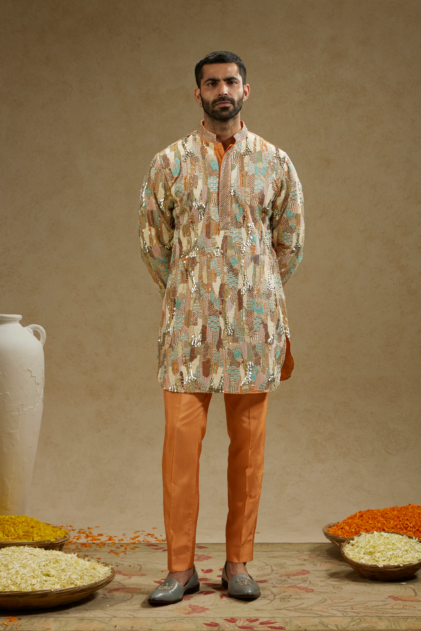 SVA Menswear Orange Embellished Kurta Set Indian Designer Wear Online Shopping Melange Singapore