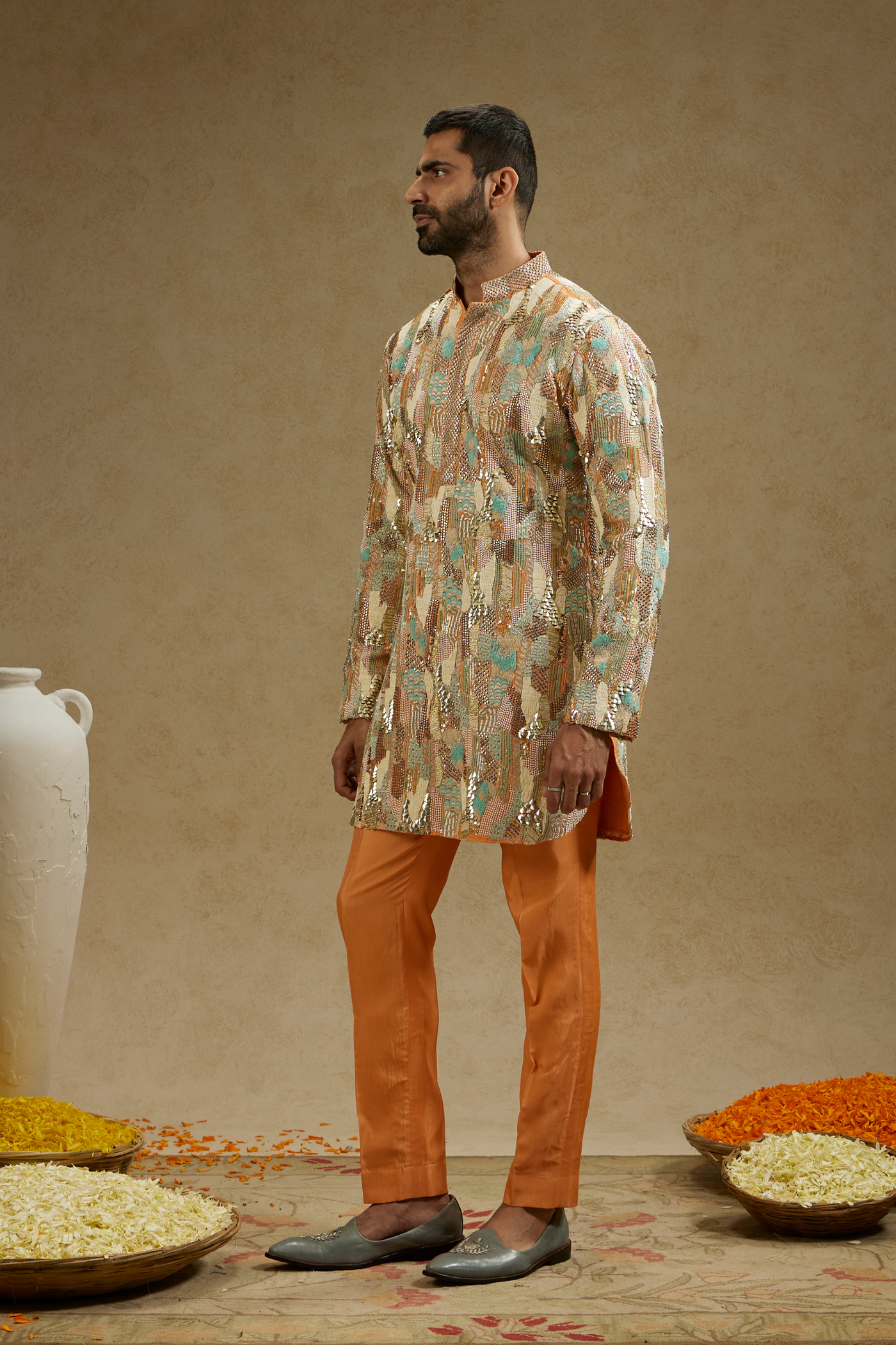 SVA Menswear Orange Embellished Kurta Set Indian Designer Wear Online Shopping Melange Singapore