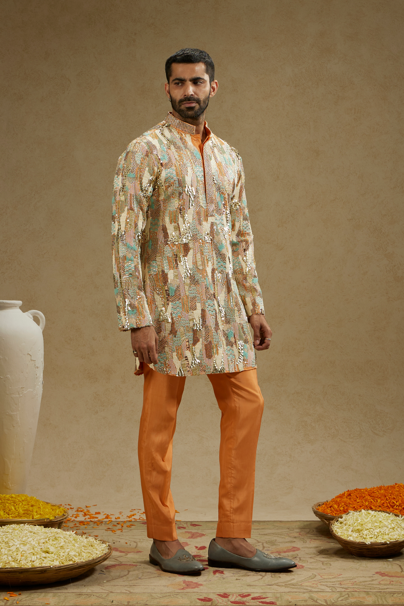 SVA Menswear Orange Embellished Kurta Set Indian Designer Wear Online Shopping Melange Singapore