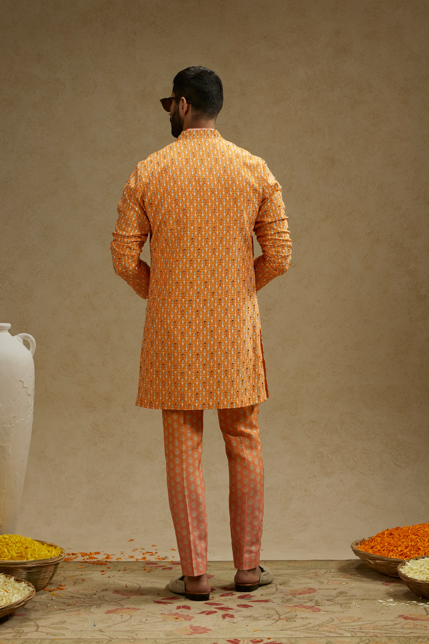 SVA Menswear Orange Geo Embellished Jacket Melange Singapore Indian Designer Wear Online Shopping