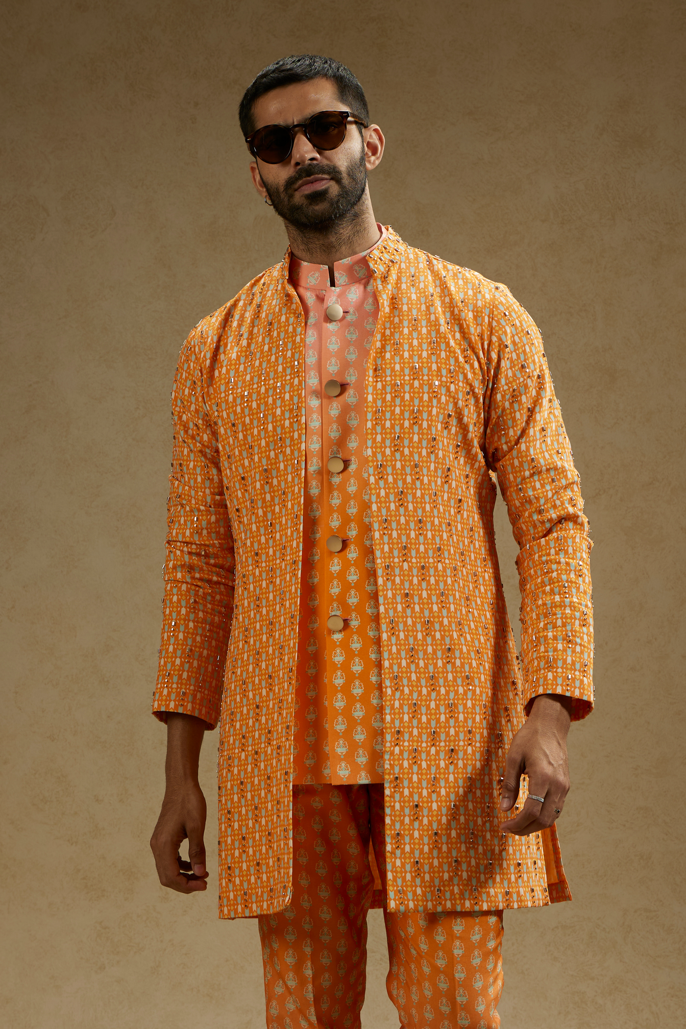 SVA Menswear Orange Geo Embellished Jacket Melange Singapore Indian Designer Wear Online Shopping