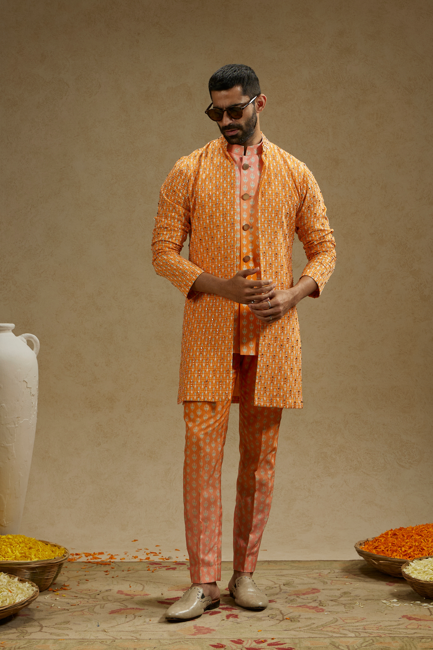 SVA Menswear Orange Geo Embellished Jacket Melange Singapore Indian Designer Wear Online Shopping