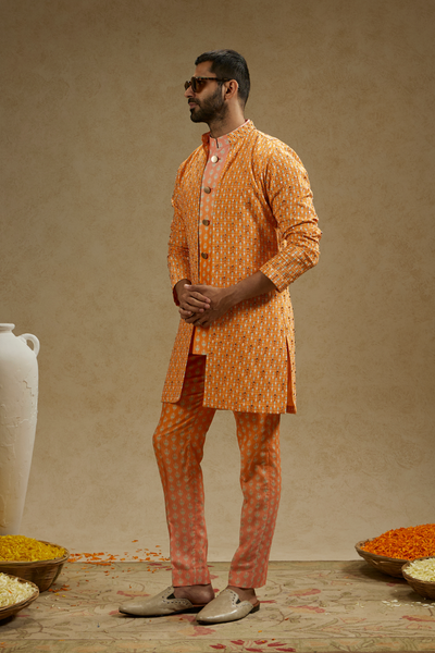 SVA Menswear Orange Geo Embellished Jacket Melange Singapore Indian Designer Wear Online Shopping