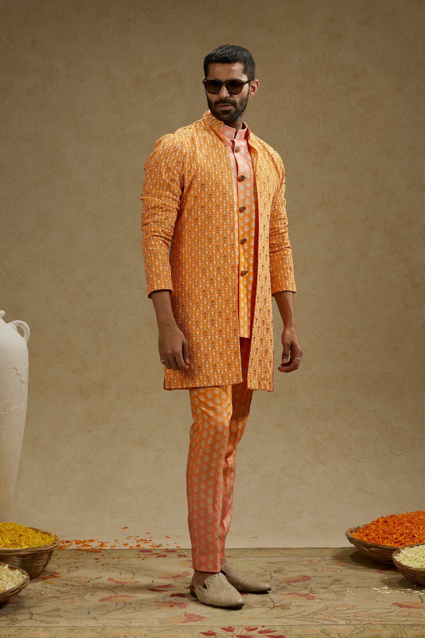 SVA Menswear Orange Geo Embellished Jacket Melange Singapore Indian Designer Wear Online Shopping