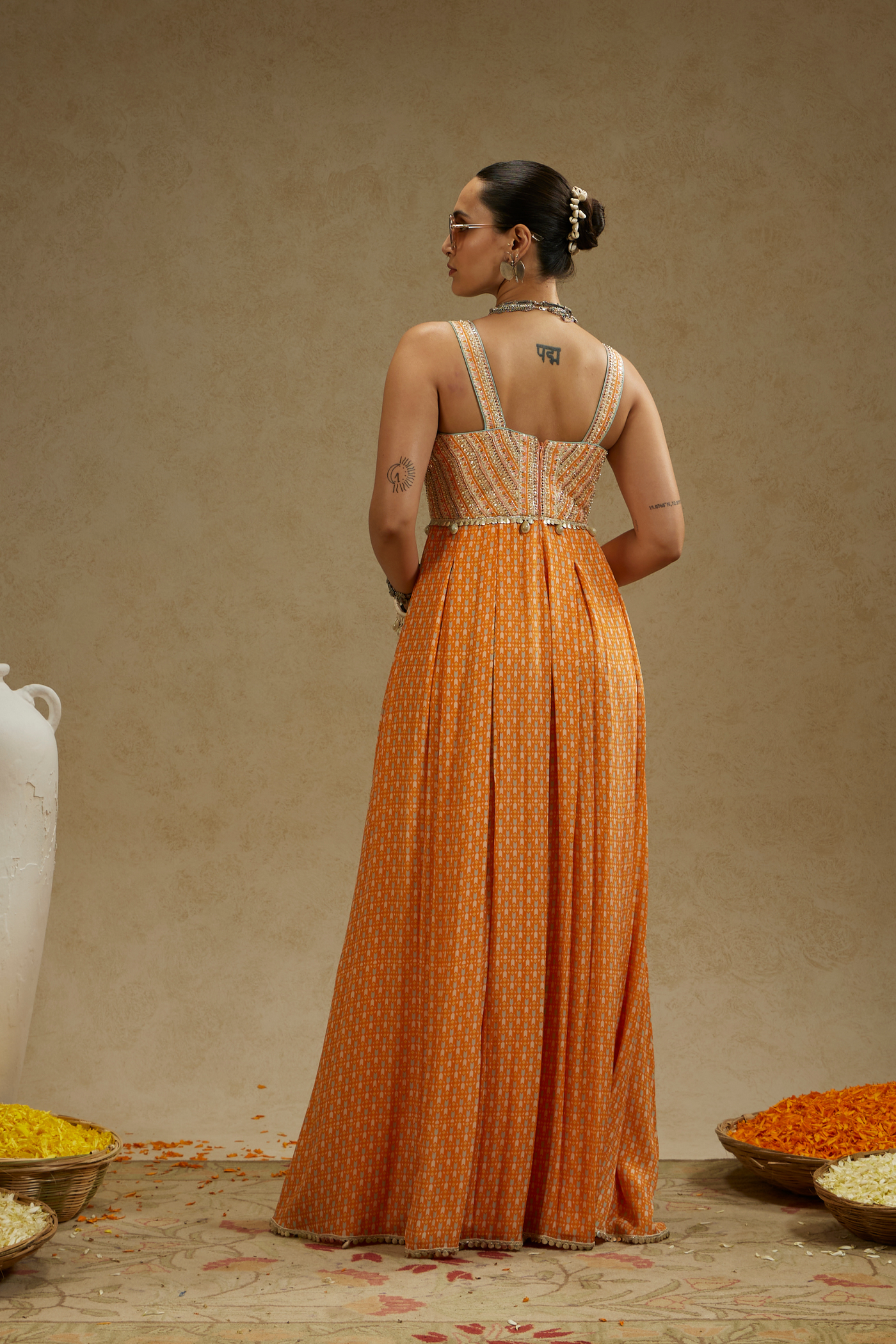 Orange Geo Yoke Embellished Jumpsuit