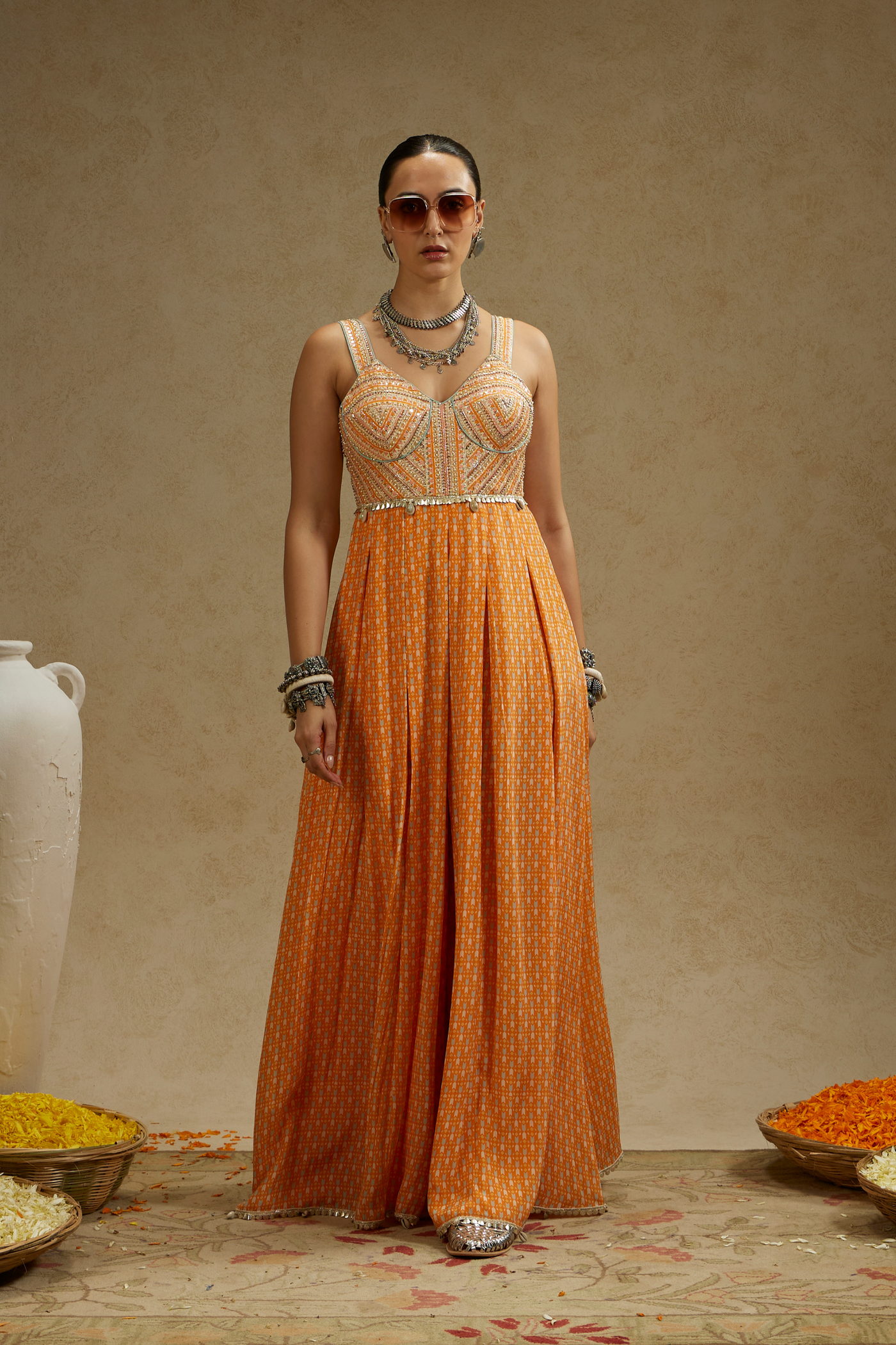 Orange Geo Yoke Embellished Jumpsuit