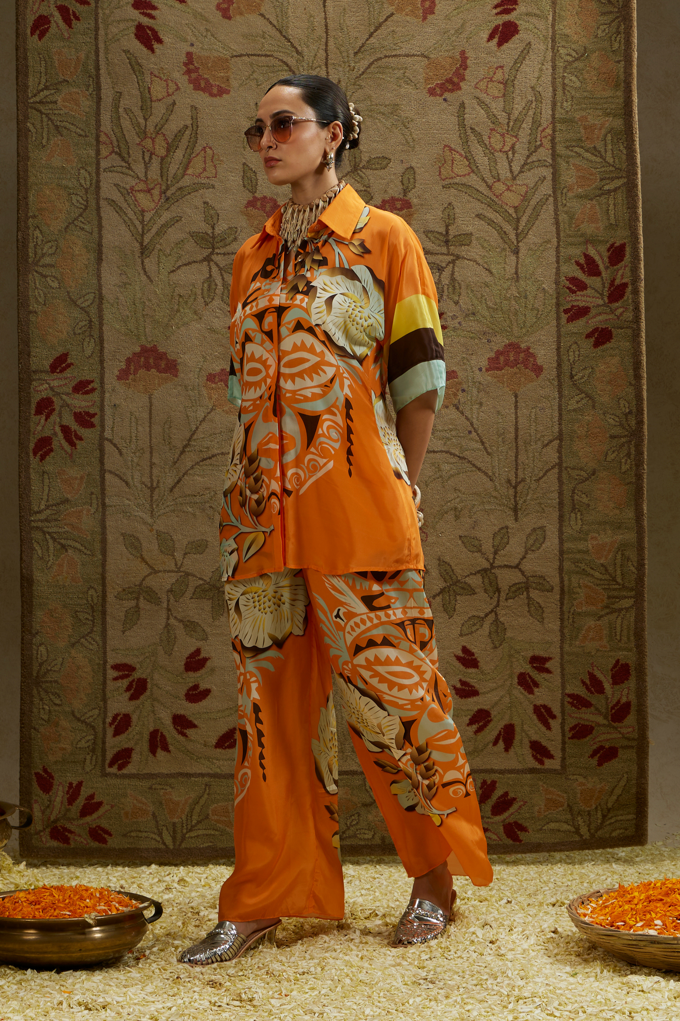 SVA Womenswear Orange Mask Print Co-ord Set Indian Designer Wear Melange Singapore Online Shopping