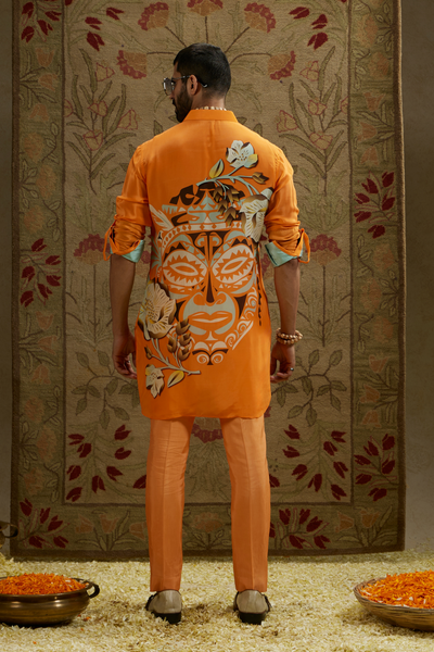 SVA Menswear Orange Mask Print Rolled Up Sleeves Online Shopping Indian Designer Wear Melange Singapore