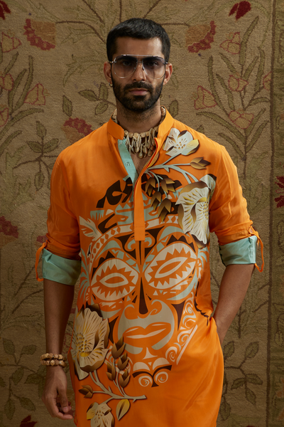 SVA Menswear Orange Mask Print Rolled Up Sleeves Online Shopping Indian Designer Wear Melange Singapore