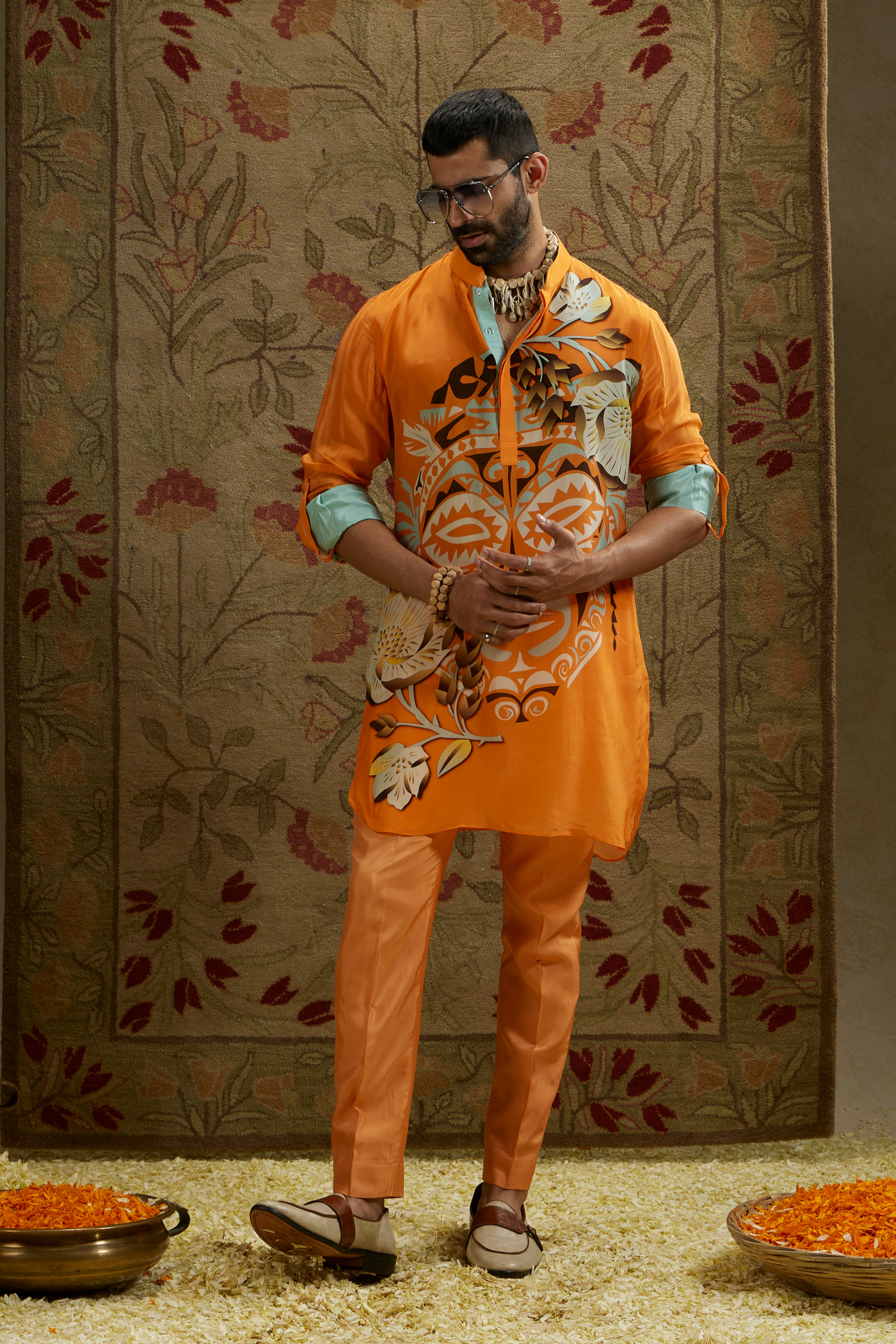 SVA Menswear Orange Mask Print Rolled Up Sleeves Online Shopping Indian Designer Wear Melange Singapore