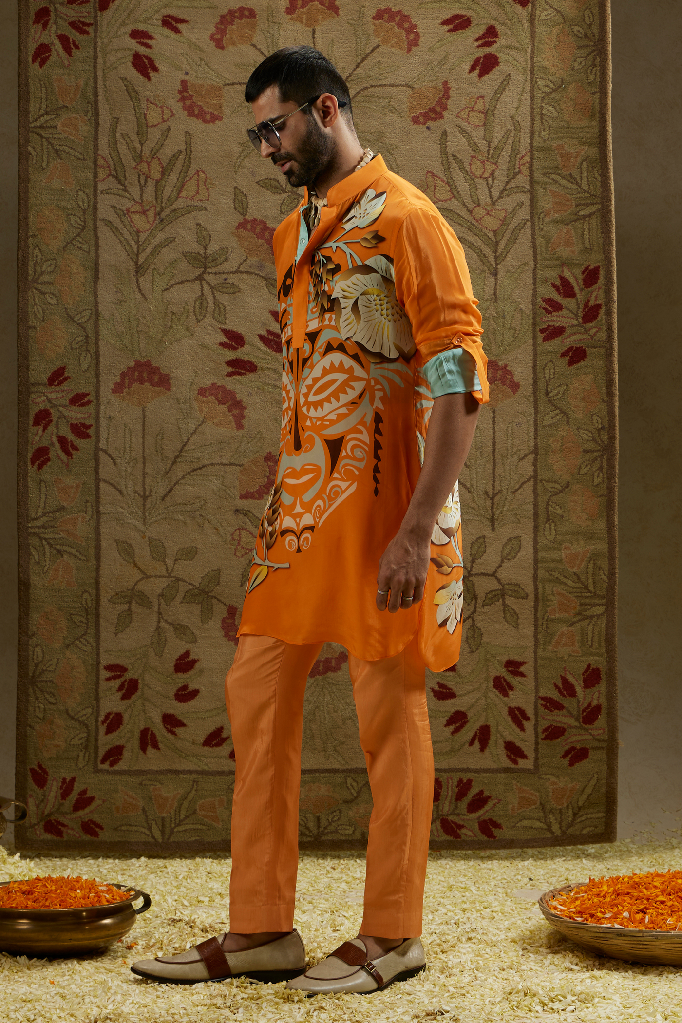 SVA Menswear Orange Mask Print Rolled Up Sleeves Online Shopping Indian Designer Wear Melange Singapore