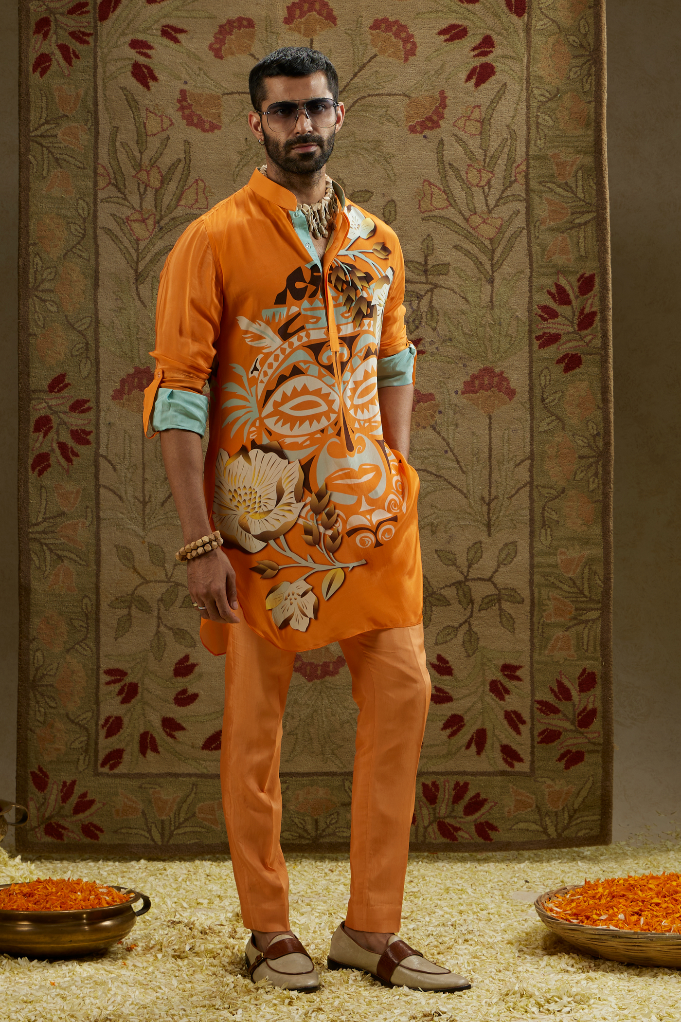 SVA Menswear Orange Mask Print Rolled Up Sleeves Online Shopping Indian Designer Wear Melange Singapore