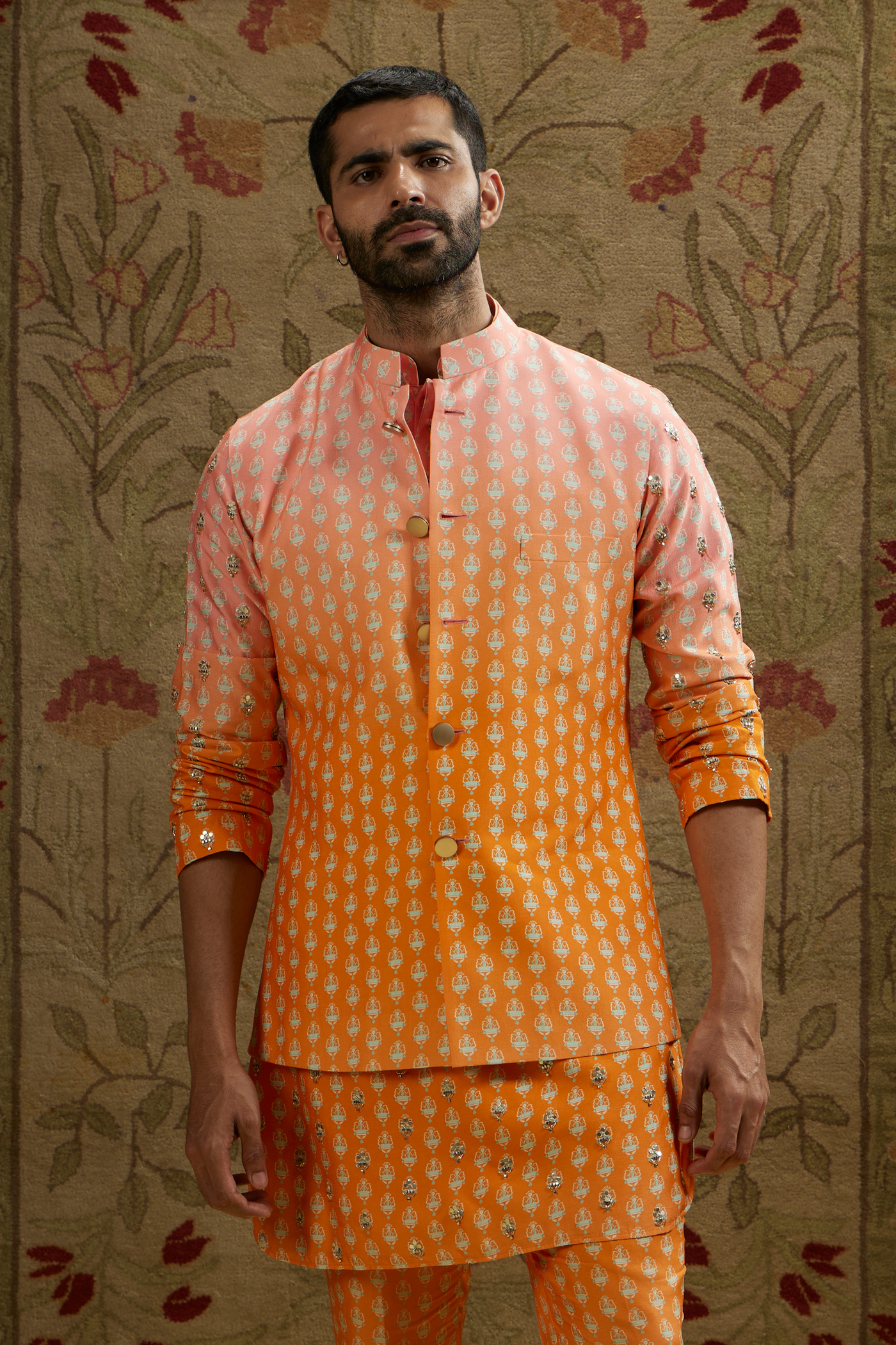 SVA Menswear Orange Pink Ombre Butti Printed Bundi Online Shopping Indian Designer Wear Melange Singapore