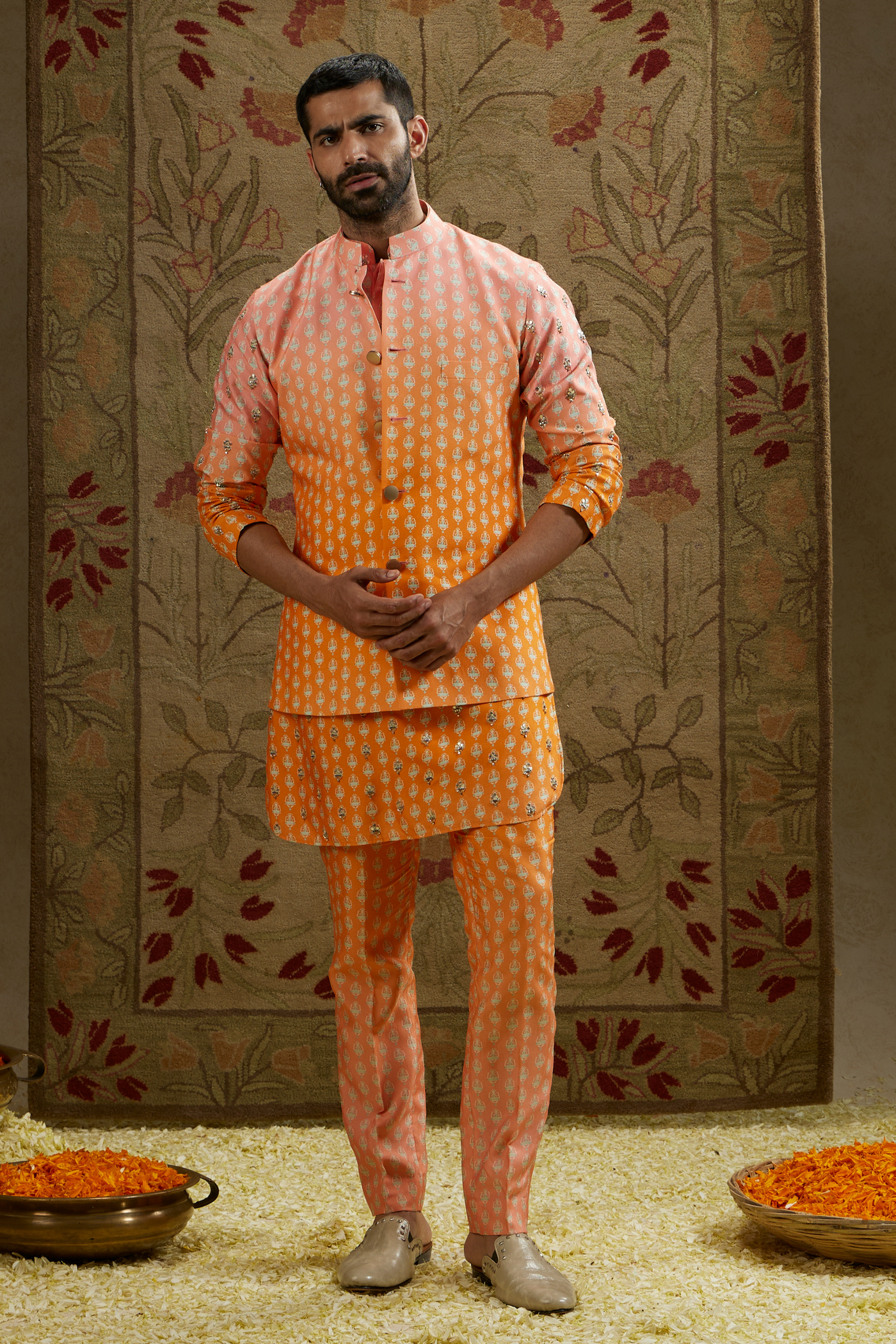 SVA Menswear Orange Pink Ombre Butti Printed Bundi Online Shopping Indian Designer Wear Melange Singapore