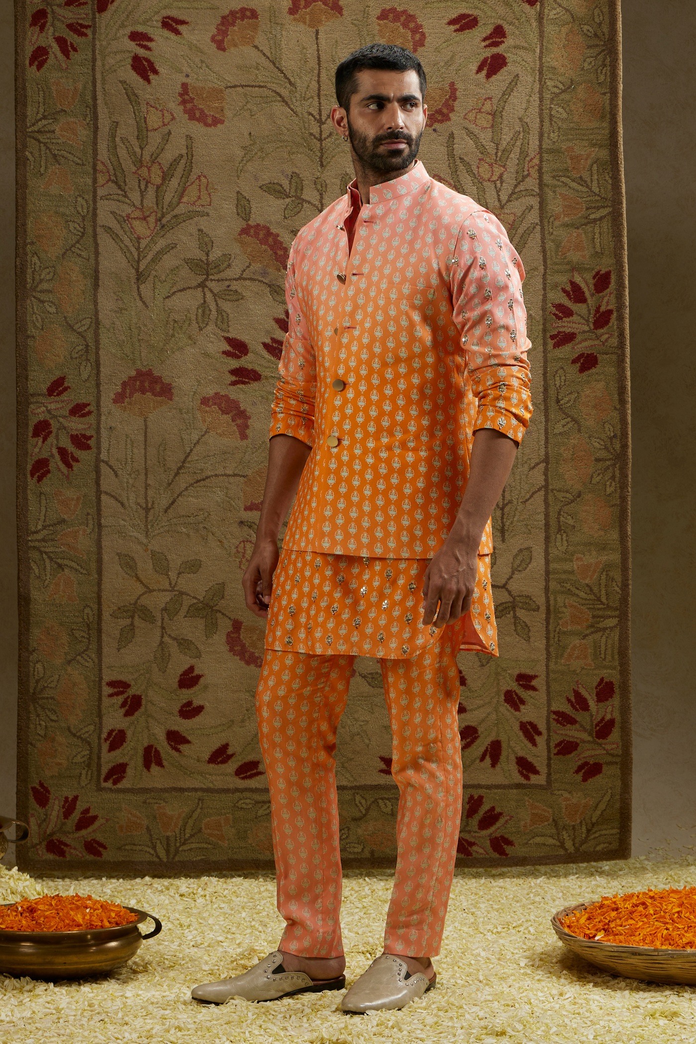 SVA Menswear Orange Pink Ombre Butti Printed Bundi Online Shopping Indian Designer Wear Melange Singapore