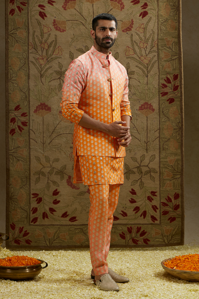 SVA Menswear Orange Pink Ombre Butti Printed Bundi Online Shopping Indian Designer Wear Melange Singapore