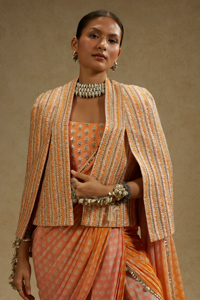 SVA Orange Pink Ombre Print Cascade Saree with Bustier & Embellished Noor Jacket Womenswear Online Shopping Melange Singapore Indian Designer Wear