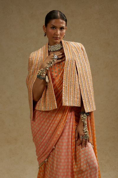 SVA Orange Pink Ombre Print Cascade Saree with Bustier & Embellished Noor Jacket Womenswear Online Shopping Melange Singapore Indian Designer Wear