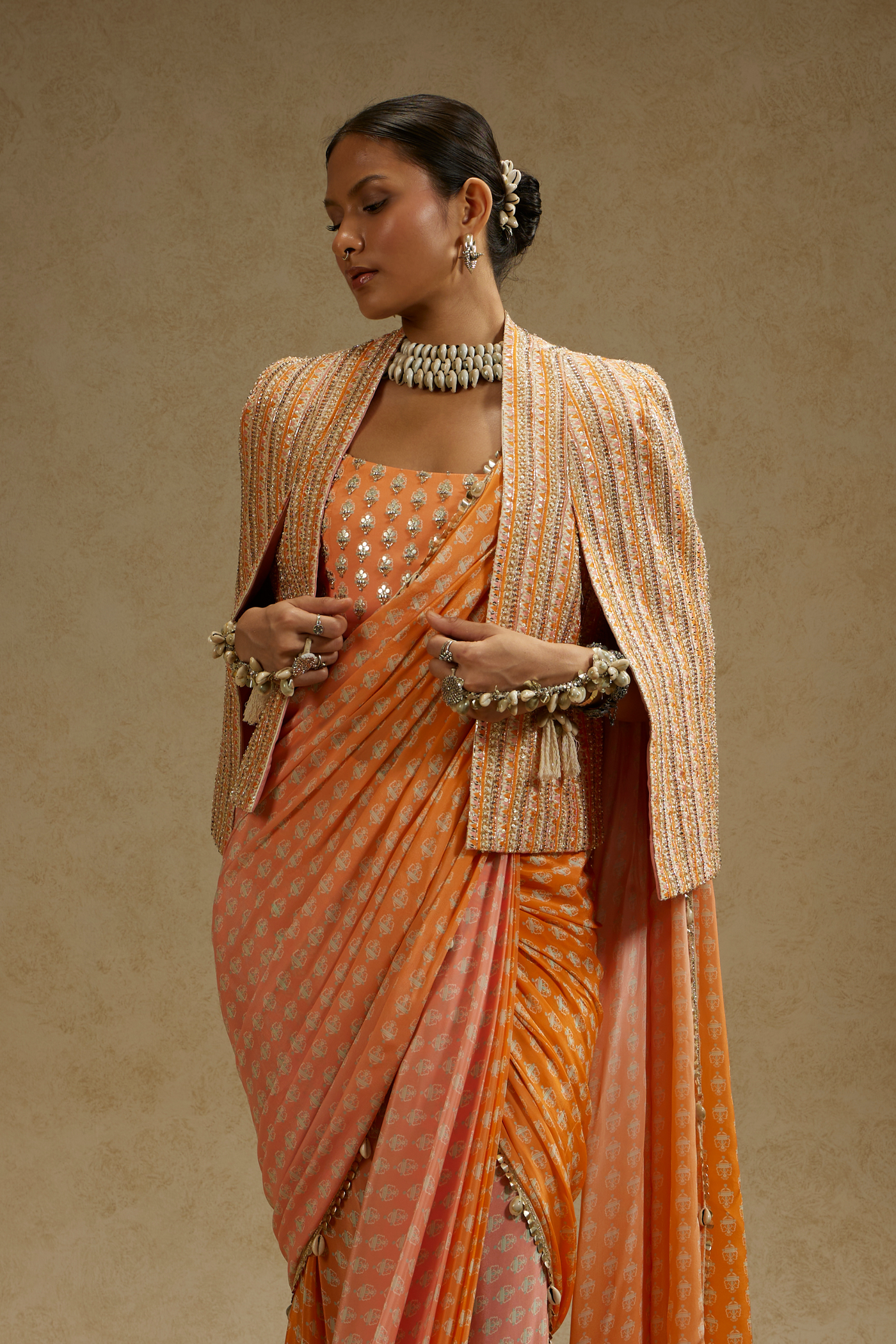 SVA Orange Pink Ombre Print Cascade Saree with Bustier & Embellished Noor Jacket Womenswear Online Shopping Melange Singapore Indian Designer Wear