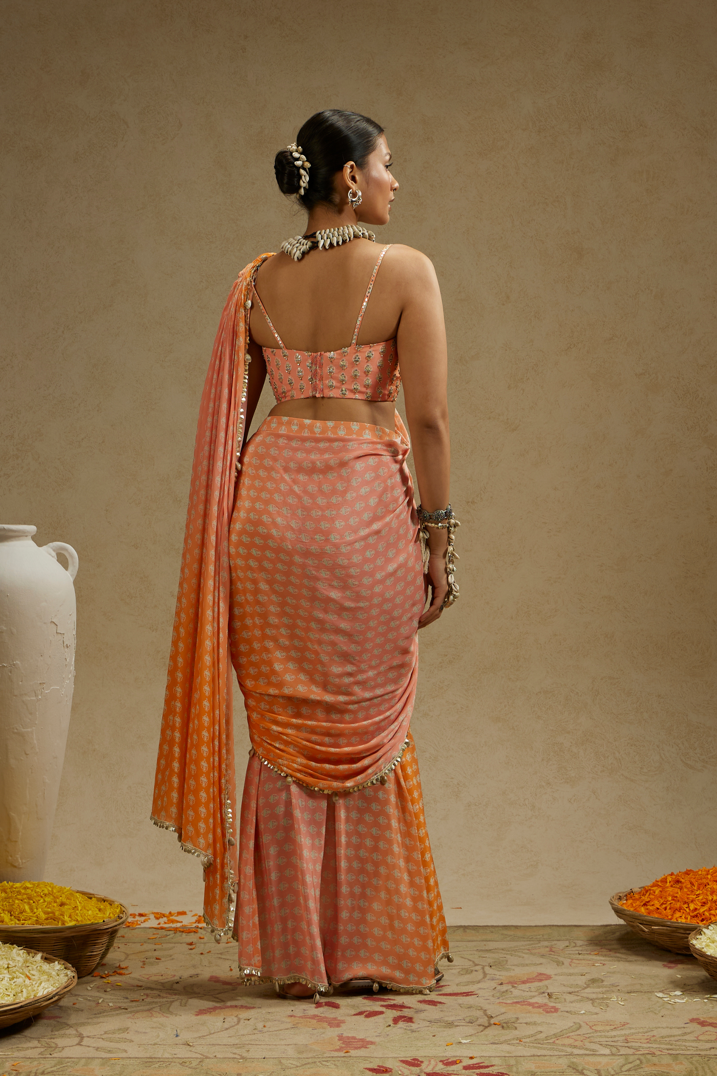 Orange Pink Ombre Print Cascade Saree with Embellished Bustier