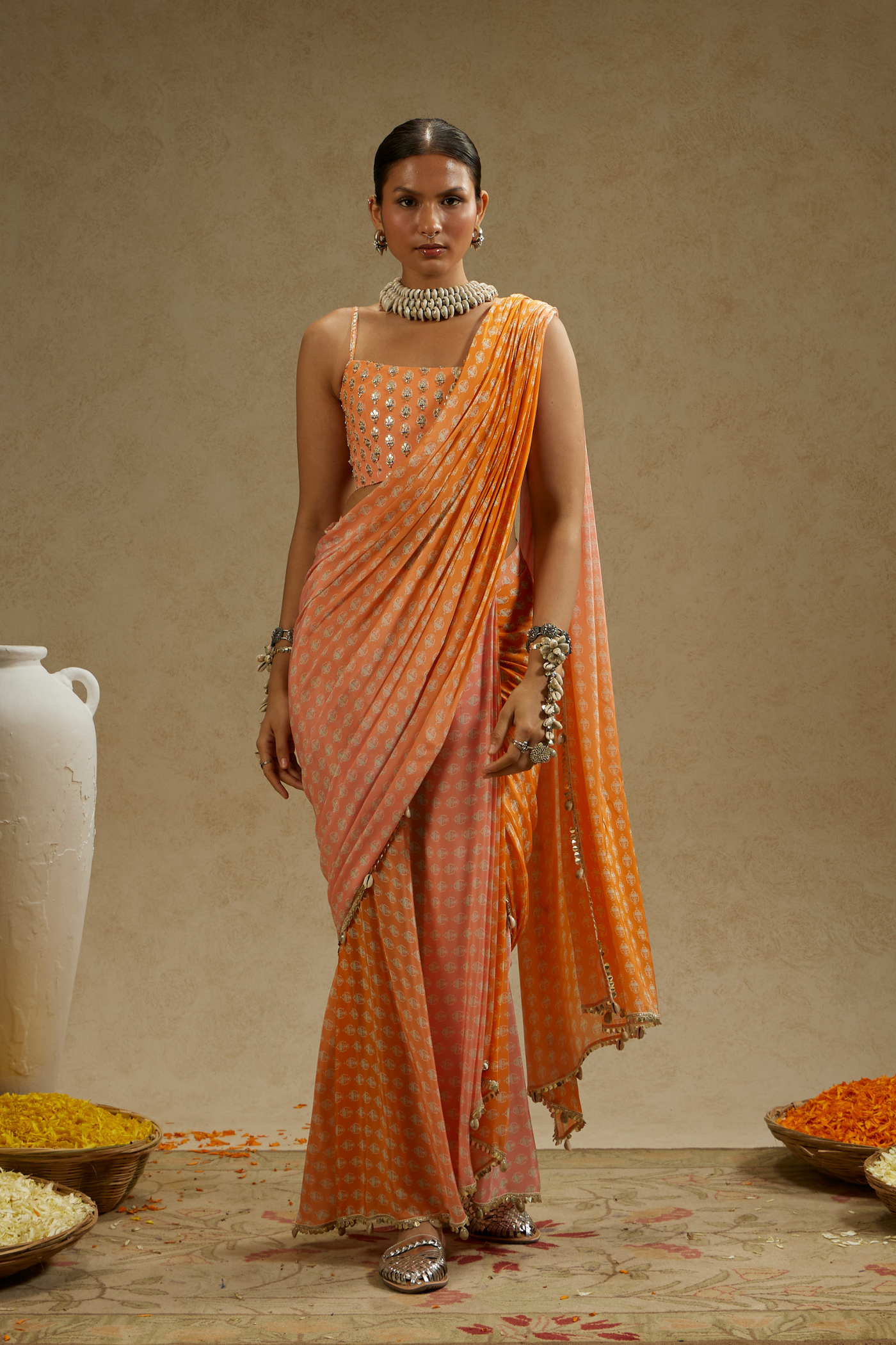 Orange Pink Ombre Print Cascade Saree with Embellished Bustier