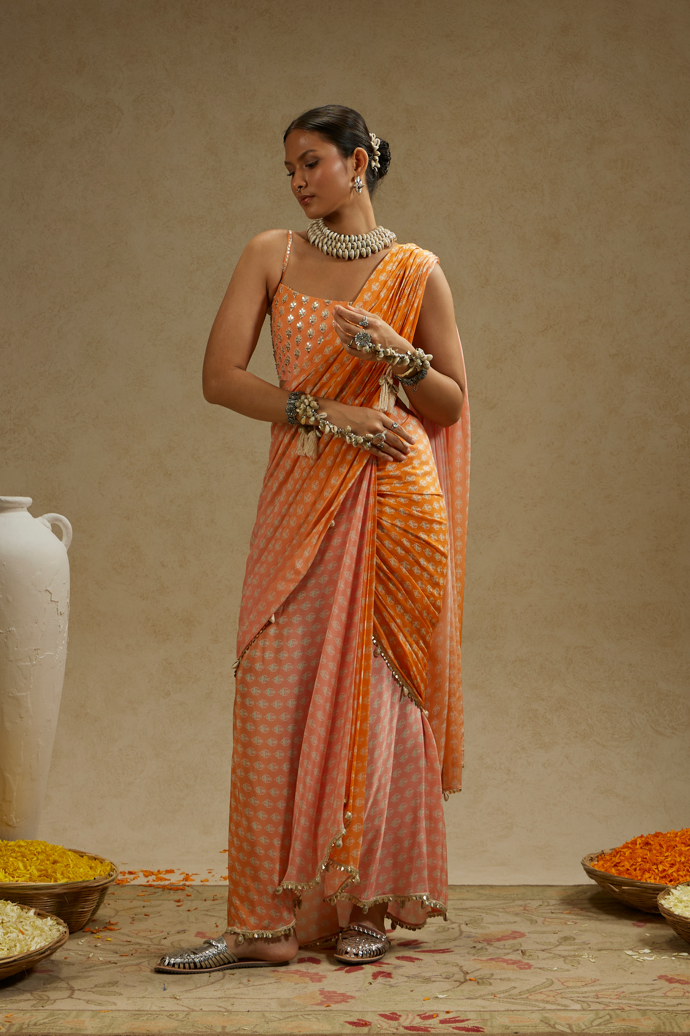 Orange Pink Ombre Print Cascade Saree with Embellished Bustier