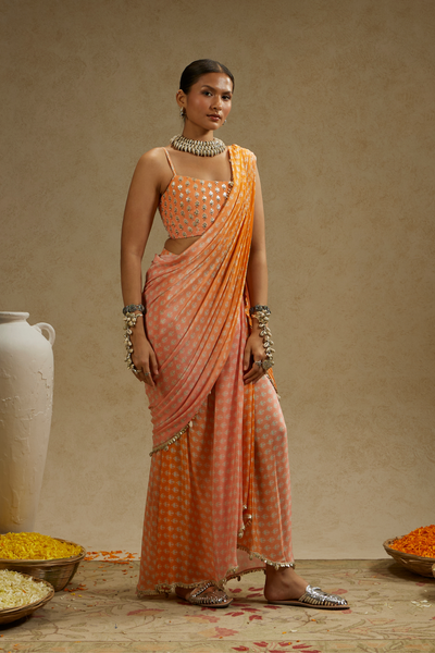 Orange Pink Ombre Print Cascade Saree with Embellished Bustier