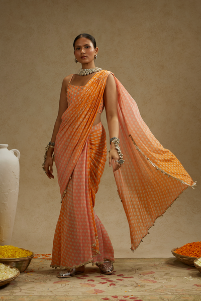 Orange Pink Ombre Print Cascade Saree with Embellished Bustier