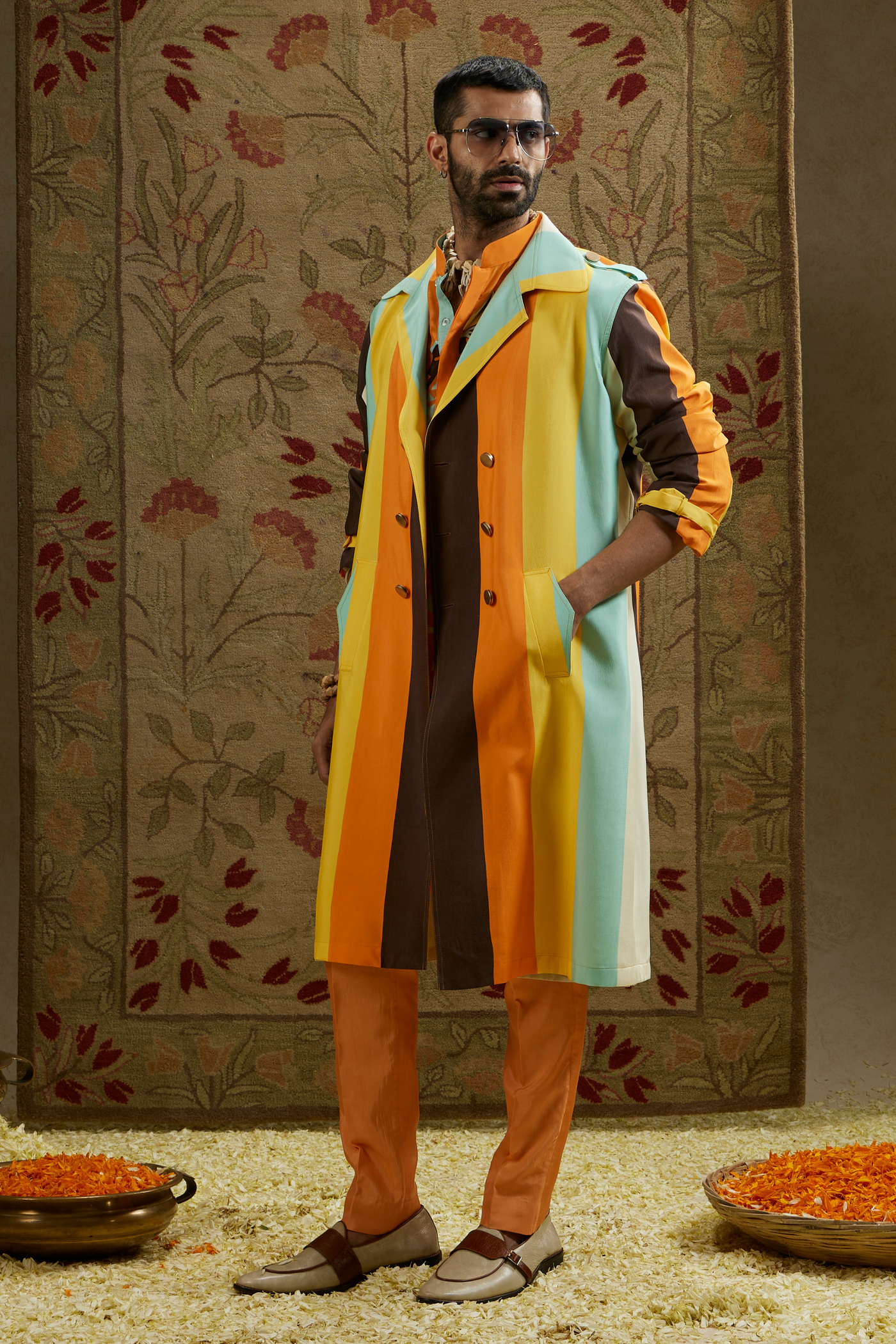 SVA Menswear Stripe Trench Coat Multi Melange Singapore Online Shopping Indian Designer Wear