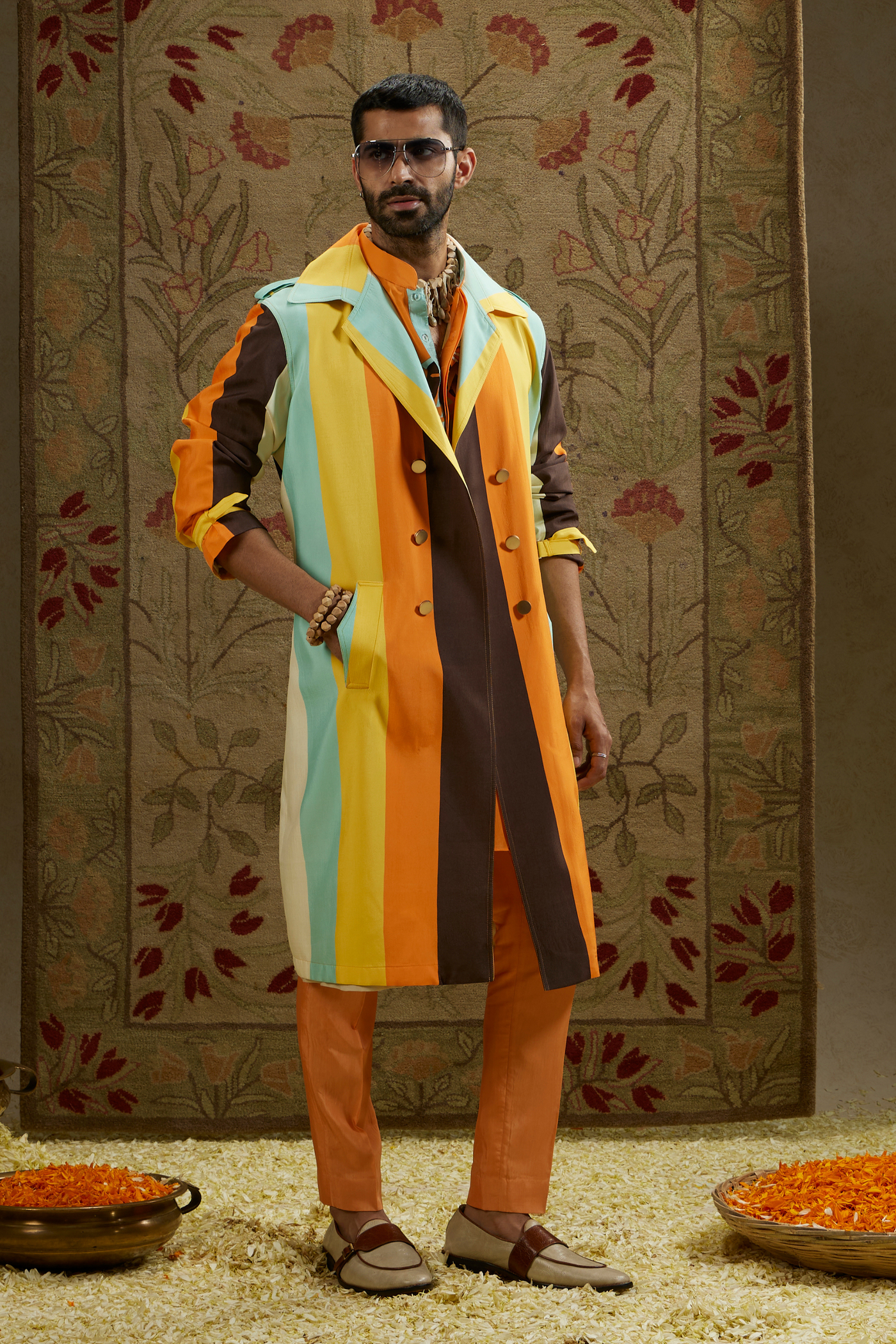 SVA Menswear Stripe Trench Coat Multi Melange Singapore Online Shopping Indian Designer Wear