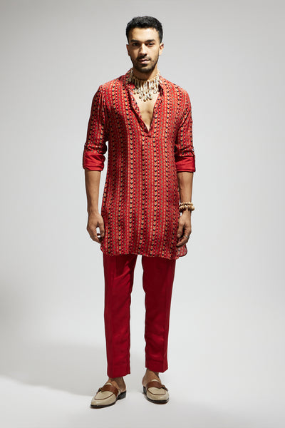 SVA Orange Boho Print Rolled Up Sleeves Kurta indian designer wear online shopping melange singapore