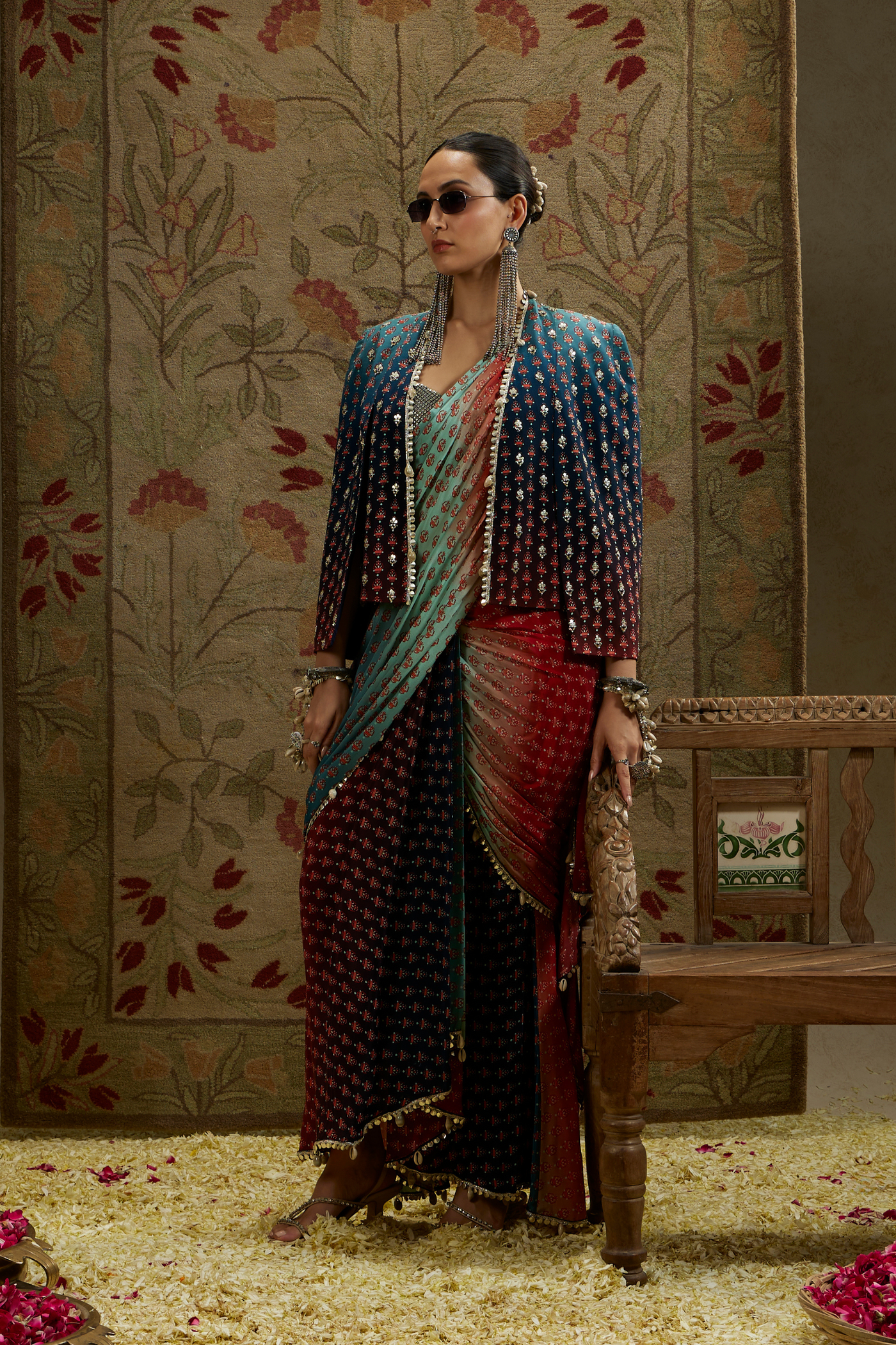 SVA Red Blue Ombre Print Cascade Saree with Metal Embellished Bustier Paired with Blue Ombre Embellished Cape Jacket Womenswear Online Shopping Melange Singapore Indian Designer Wear