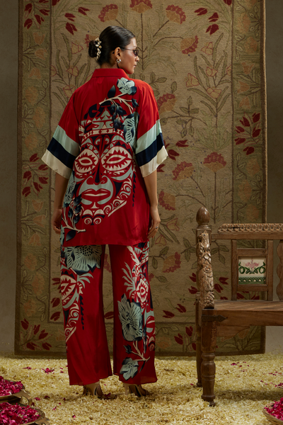 SVA Womenswear Red Mask Print Co-ord Set Indian Designer Wear Online Shopping Melange Singapore