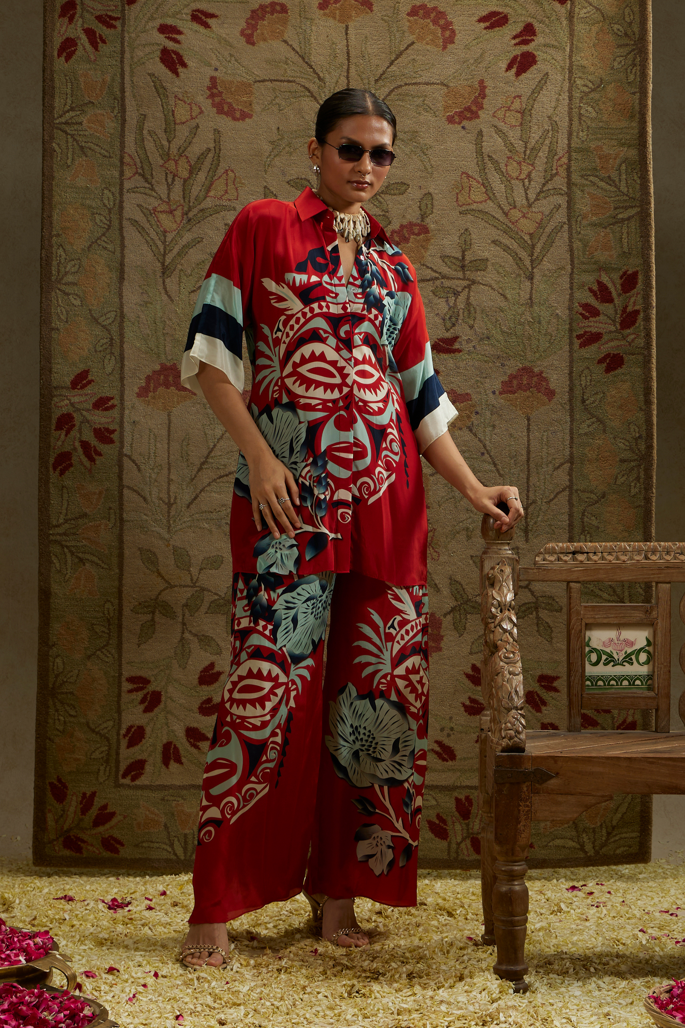 SVA Womenswear Red Mask Print Co-ord Set Indian Designer Wear Online Shopping Melange Singapore