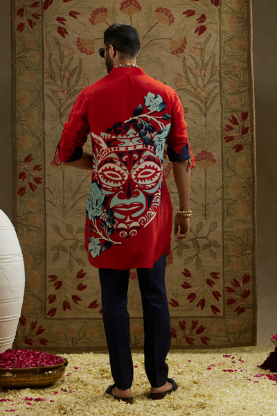 SVA Menswear Red Mask Print Rolled Up Sleeves Online Shopping Indian Designer Wear Melange Singapore