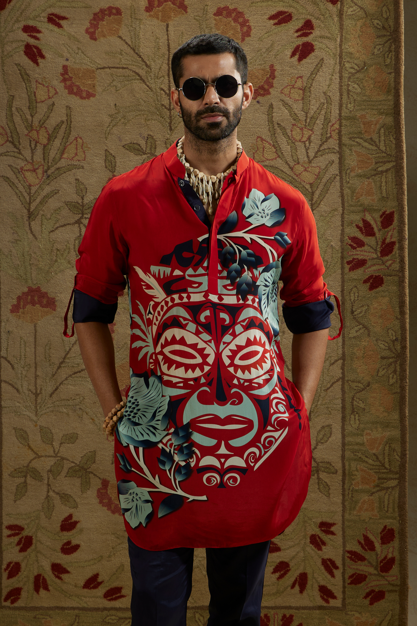 SVA Menswear Red Mask Print Rolled Up Sleeves Online Shopping Indian Designer Wear Melange Singapore