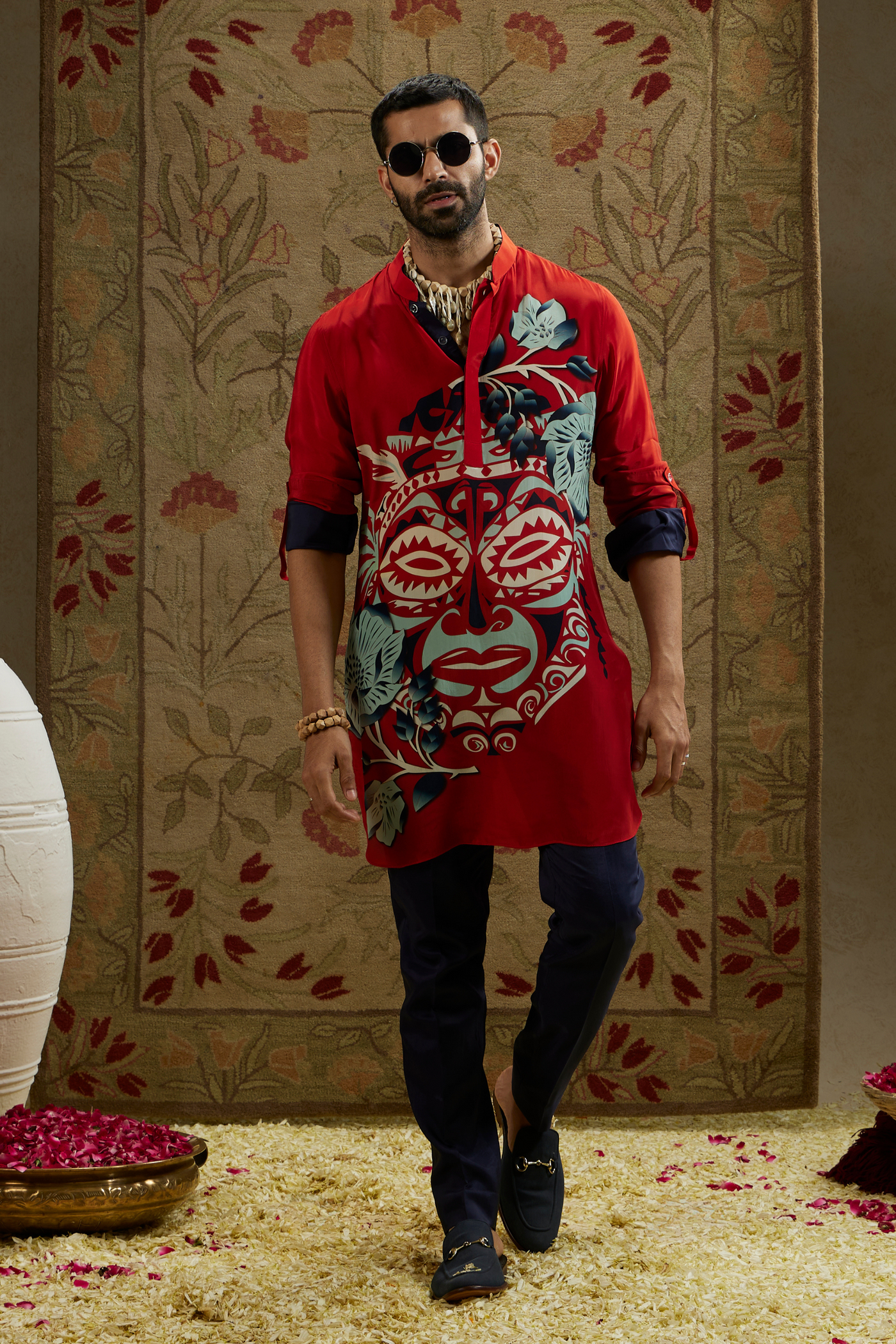 SVA Menswear Red Mask Print Rolled Up Sleeves Online Shopping Indian Designer Wear Melange Singapore