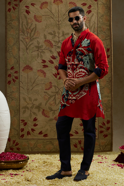 SVA Menswear Red Mask Print Rolled Up Sleeves Online Shopping Indian Designer Wear Melange Singapore