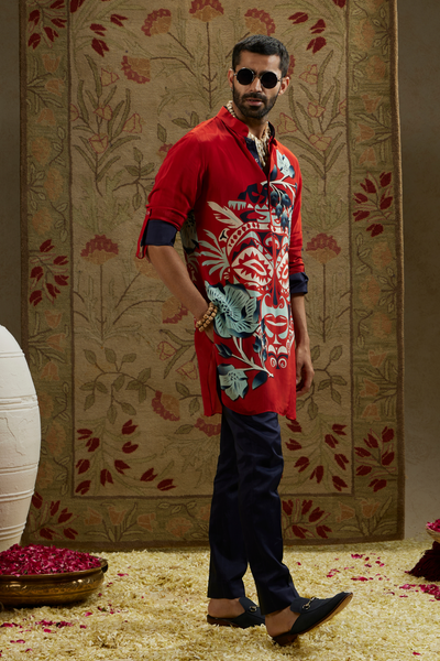 SVA Menswear Red Mask Print Rolled Up Sleeves Online Shopping Indian Designer Wear Melange Singapore