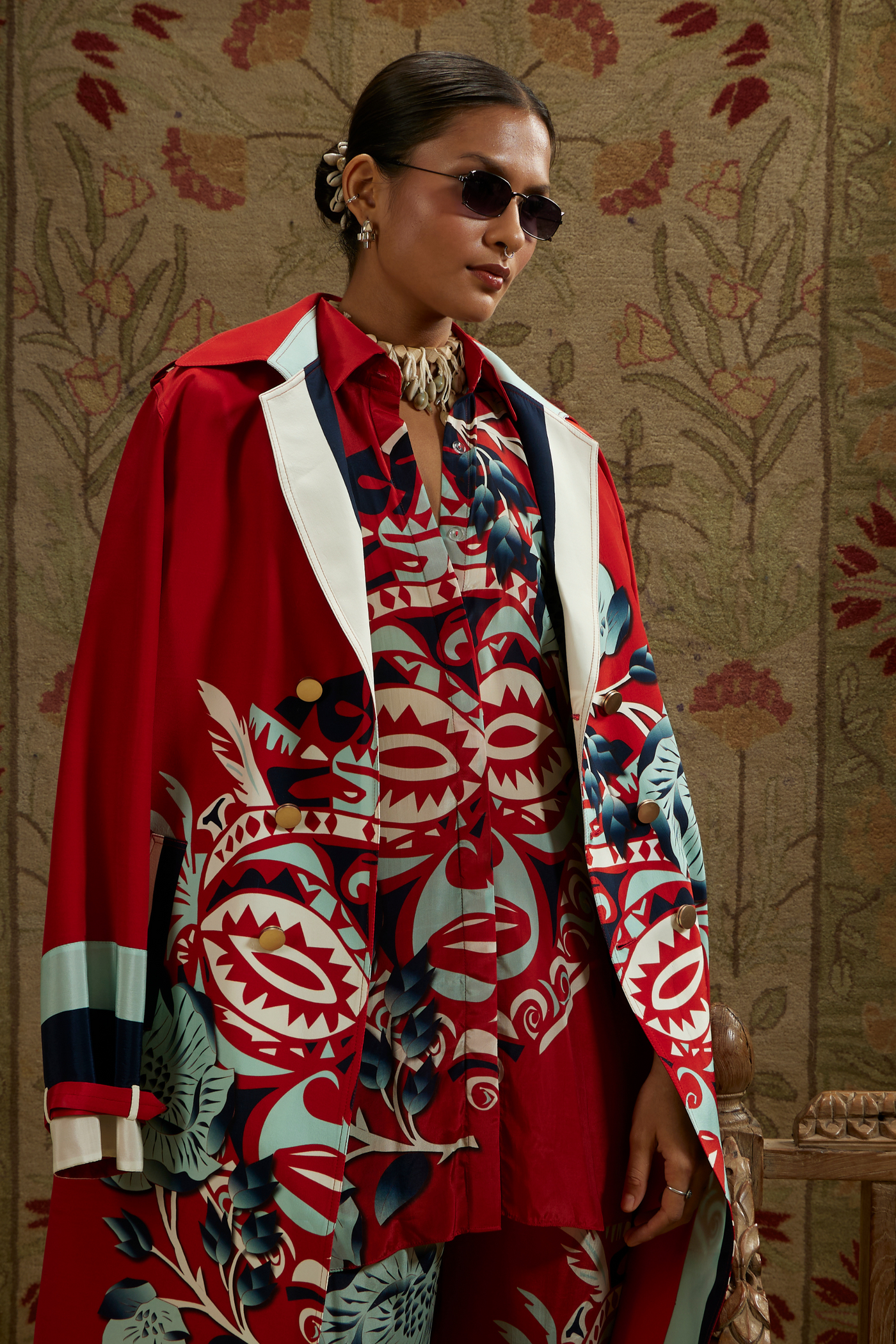 SVA Red Mask Print Trench Coat Womenswear Indian Designer Wear Online Shopping Melange Singapore